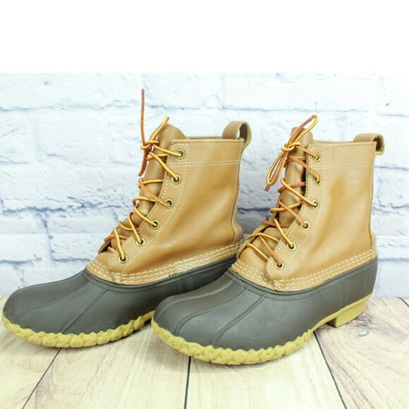 LL Bean Brown Leather 8" Lace Up Round Toe Unlined Ankle Duck Boots Size 9 M - Picture 2 of 10